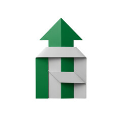 Green and white origami house with upward arrow isolated on transparent background