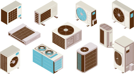 Isometric air conditioner illustration set featuring indoor and outdoor AC units, HVAC equipment, cooling systems, ventilation devices, modern climate control technology
