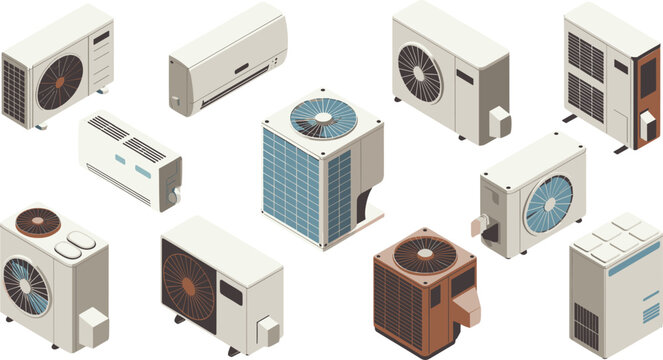 Isometric air conditioner illustration set featuring indoor and outdoor AC units, HVAC equipment, cooling systems, ventilation devices, modern climate control technology