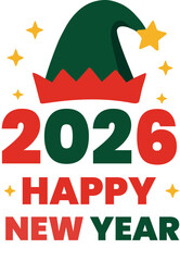 Happy New Year 2026 greeting with a festive green elf hat and stars.
