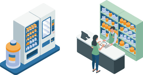 Isometric pharmacy illustration with medicine vending machine, pharmacist assisting customer, drug shelves, digital tablet service, modern healthcare retail store concept