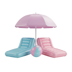 Pink and blue beach chairs under umbrella with ball isolated on transparent background