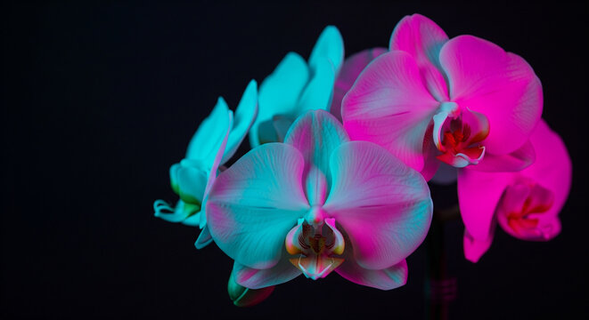 A beautiful orchid illuminated by vibrant pink and teal neon lights on a dark background, a perfect modern and futuristic floral concept