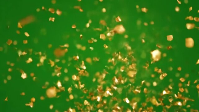 Green Screen beautiful golden confetti is falling nice and slow scene 3 with distortion, overlay, glitch, static noise, scan lines on black background, 4k animated video loop