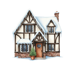 Tudor style house covered in snow and icicles isolated on transparent background