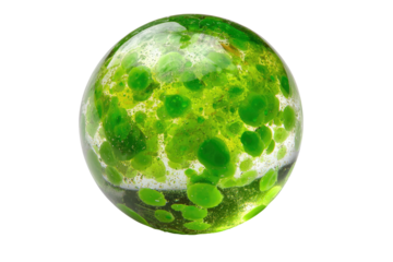 Green-speckled glass orb on black background