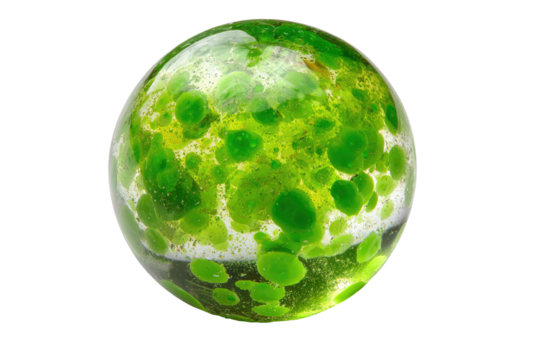 Green-speckled glass orb on black background
