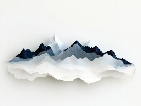 A stylized, abstract landscape featuring layered mountain peaks in dark blue and white, with soft, white misty valleys below, set against a clean white backgrou