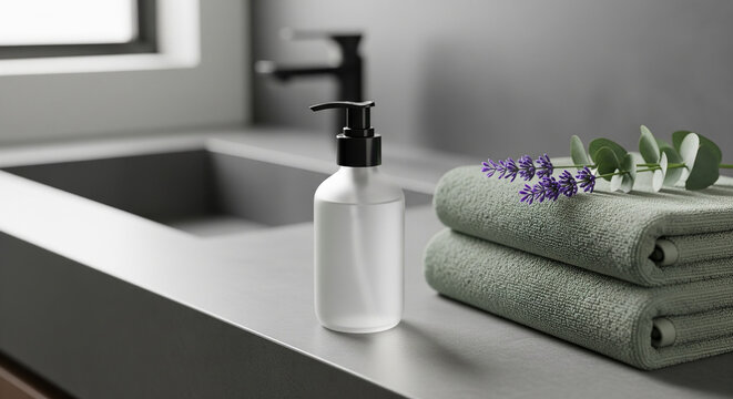 A modern bathroom scene with a minimalist soap dispenser and fresh lavender on neatly folded towels, a perfect concept for spa, wellness, and self-care