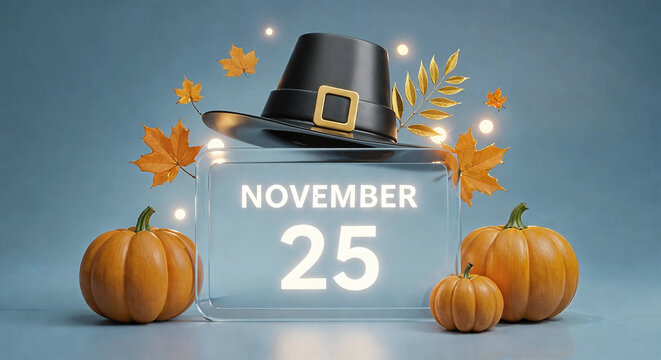 Thanksgiving day calendar with pilgrim hat, pumpkins and autumn leaves on november 25th date - Powered by Adobe
