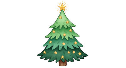 Fototapeta premium Festive green Christmas tree adorned with twinkling golden stars and a glowing star on top, symbolizing the holiday season