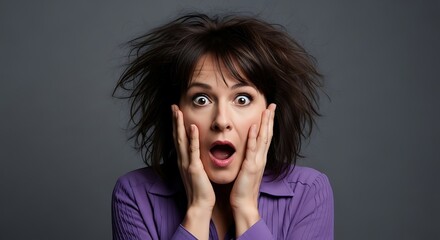Woman with messy hair expressing shock and surprise with hands on face against a gray studio backdrop