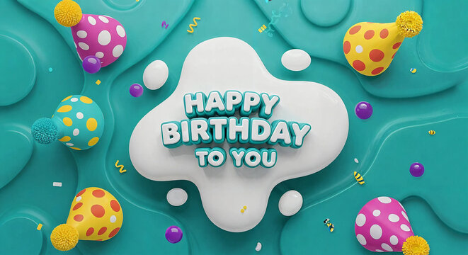 A cheerful happy birthday to you message with colorful polka dot balls and confetti on teal background