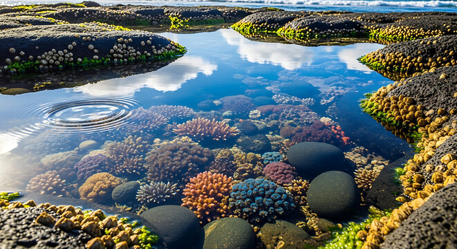 Tide pool reflecting the sky, revealing colorful coral, rocks, and algae-covered stones along the coast.
