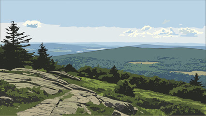 Illustration of a scenic mountain landscape with trees, rocks, and a cloudy sky in the background