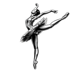 Elegant Female Ballet Dancer Performing Arabesque Pose in Monochrome Lighting Against Black Background