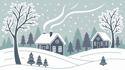 Winter scene with snow covered houses trees and falling snow creating a peaceful holiday atmosphere