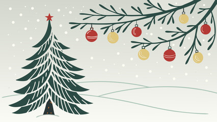 A christmas tree with a star and ornaments hanging from a branch in a snowy winter landscape scene