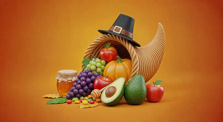 Abundance of autumn harvest fruits and vegetables spilling from a cornucopia with a pilgrim hat