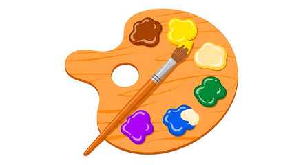 Wooden artist's palette with colorful paints and a brush, symbolizing creativity and art supplies