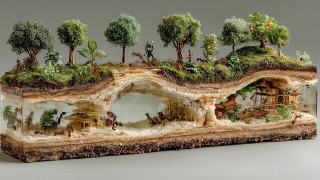 Miniature landscape diorama with trees and figures on display