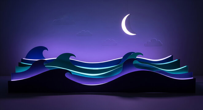 A stylized stage of neon light waves under a crescent moon, a perfect abstract and futuristic scene for a modern presentation or event