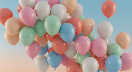 Joyful celebration with a vibrant cluster of pastel balloons floating against a soft gradient sky, perfect for parties and events.