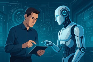 Human interacting with advanced robotic technology.