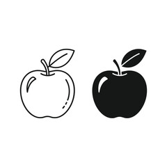 Apple icon set with outline and solid black fruit, isolated on white
