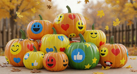 A group of pumpkins decorated with social media emoticons in an autumn setting with falling leaves