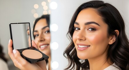 Smiling woman applying face powder in front of a lighted mirror for a flawless makeup application