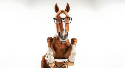 A smart horse wearing eyeglasses with a white background.