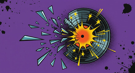 A shattering vinyl record in a dynamic, comic book art style, a perfect concept for breaking the mold in music, retro themes, or disruptive sound