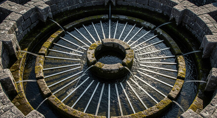 An ancient, circular stone well or fountain with radial patterns, a perfect historical concept for wishing wells, old architecture, or fantasy