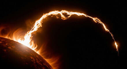 A dramatic image of a solar flare erupting from the sun, a perfect concept for power, energy, space, and astronomical events