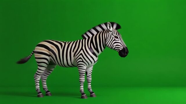 A zebra standing upright with a green screen background in a studio environment setting view zebra green screen video