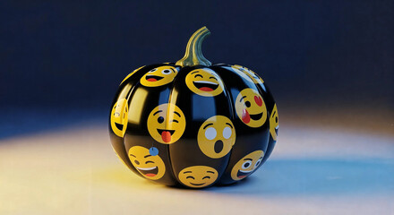 A black pumpkin with emoji faces is illuminated by a soft light, creating a playful and modern halloween decoration