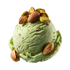 Pistachio ice cream scoop with nuts against a dark backdrop