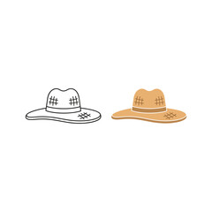 Two straw hats, one outline and one filled, isolated on