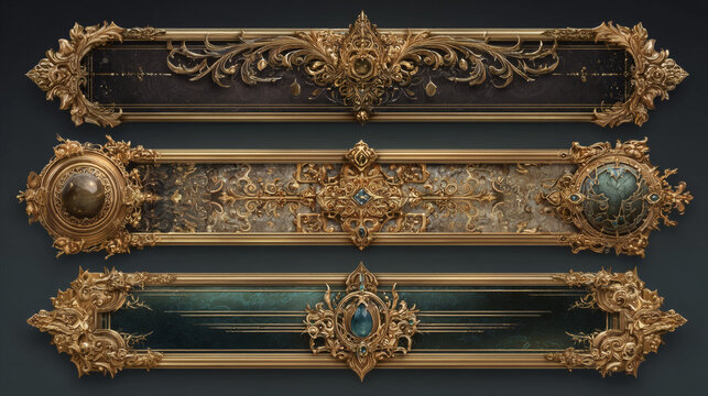 Game silver and gold buttons with fantasy frames in medieval style