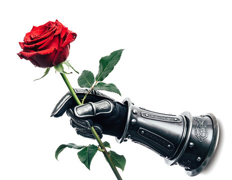 Dramatic red rose presented by armored knight's gauntlet for love, fantasy, power, or protection, a timeless gift for Valentine's or romantic gestures