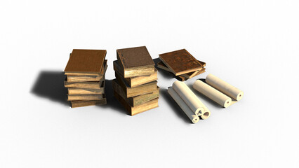 古文書 考古学 時代考証 シンボル 本 巻物 書籍 古書 3CGレンダリング画像 影付き 透過影 半透明影 透過PNG