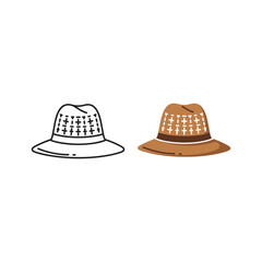 Straw hat icon set, outline and colored versions, isolated on