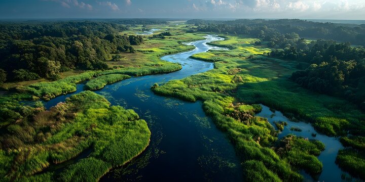 Aerial view of lush green river landscape with winding water channels and dense forest surrounding the waterways du daytime sunny weather