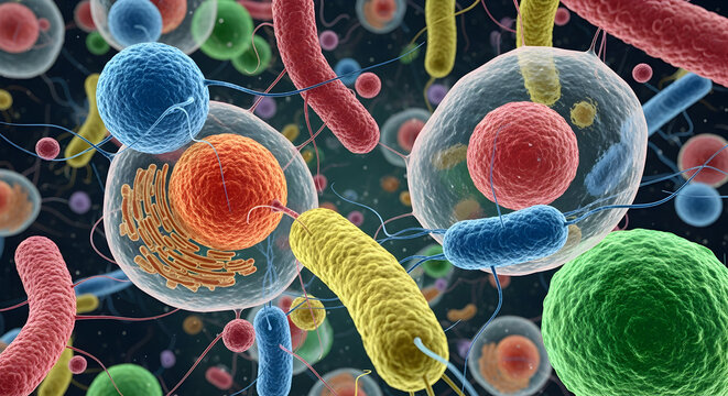 Vibrant 3d visualization of microscopic cells and bacteria with diverse colors and textures represen 34177354 1
