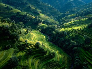Scenic view of lush green terraced rice fields in rolling mountains du daytime, vibrant and picturesque agricultural landscape