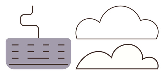 Keyboard with wire linking to two outlined cloud shapes. Ideal for technology, cloud storage, online access, data security, digital connectivity, remote work, innovation. Simple flat metaphor