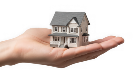 Miniature house on a human hand isolated on transparent background for real estate