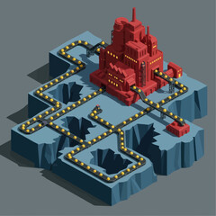 Naklejka premium Isometric red industrial factory with a complex conveyor belt system.