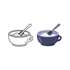Bowl of sugar with scoop icon in outline and glyph style isolated on
